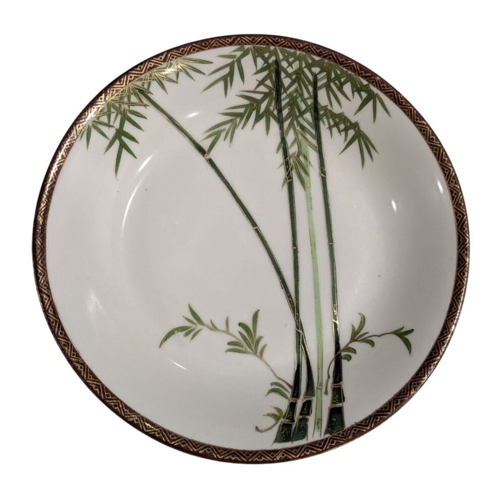 3 soup bowls Kutani Eggshell China 7.5" Bamboo Geometric Border Japan Pre-1930